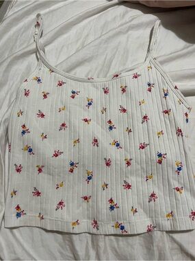 Old Navy White Floral Ribbed Cami with Pink, Blue & Yellow Blooms